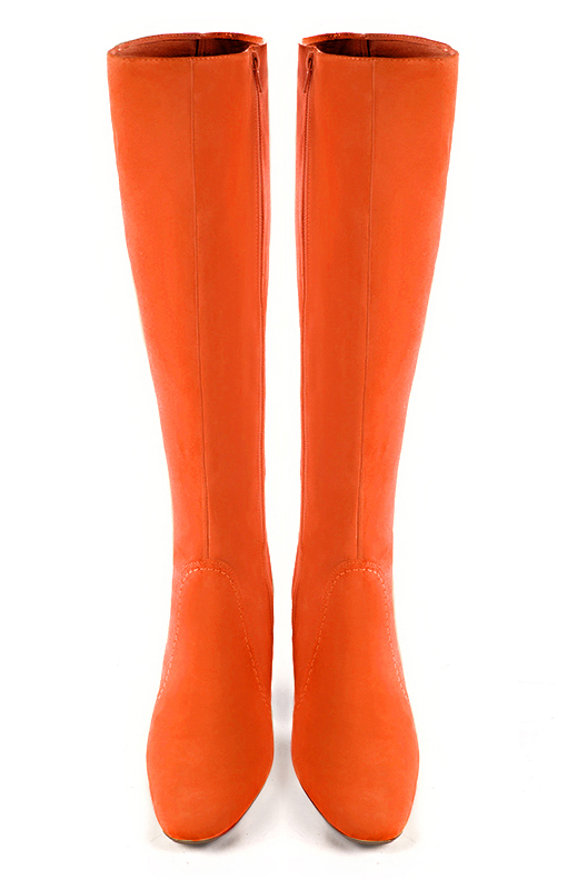 Clementine orange women's feminine knee-high boots. Round toe. High block heels. Made to measure. Top view - Florence KOOIJMAN
